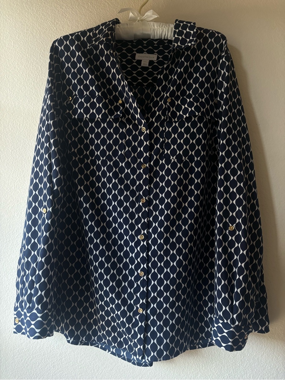 Charter Club Navy, White & Gold Geometric Print Women's Button Blouse